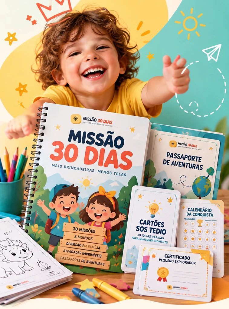 Arte de apresentação ilustrativa do kit Missão 30 Dias, com livro, passaporte e caderno de atividades